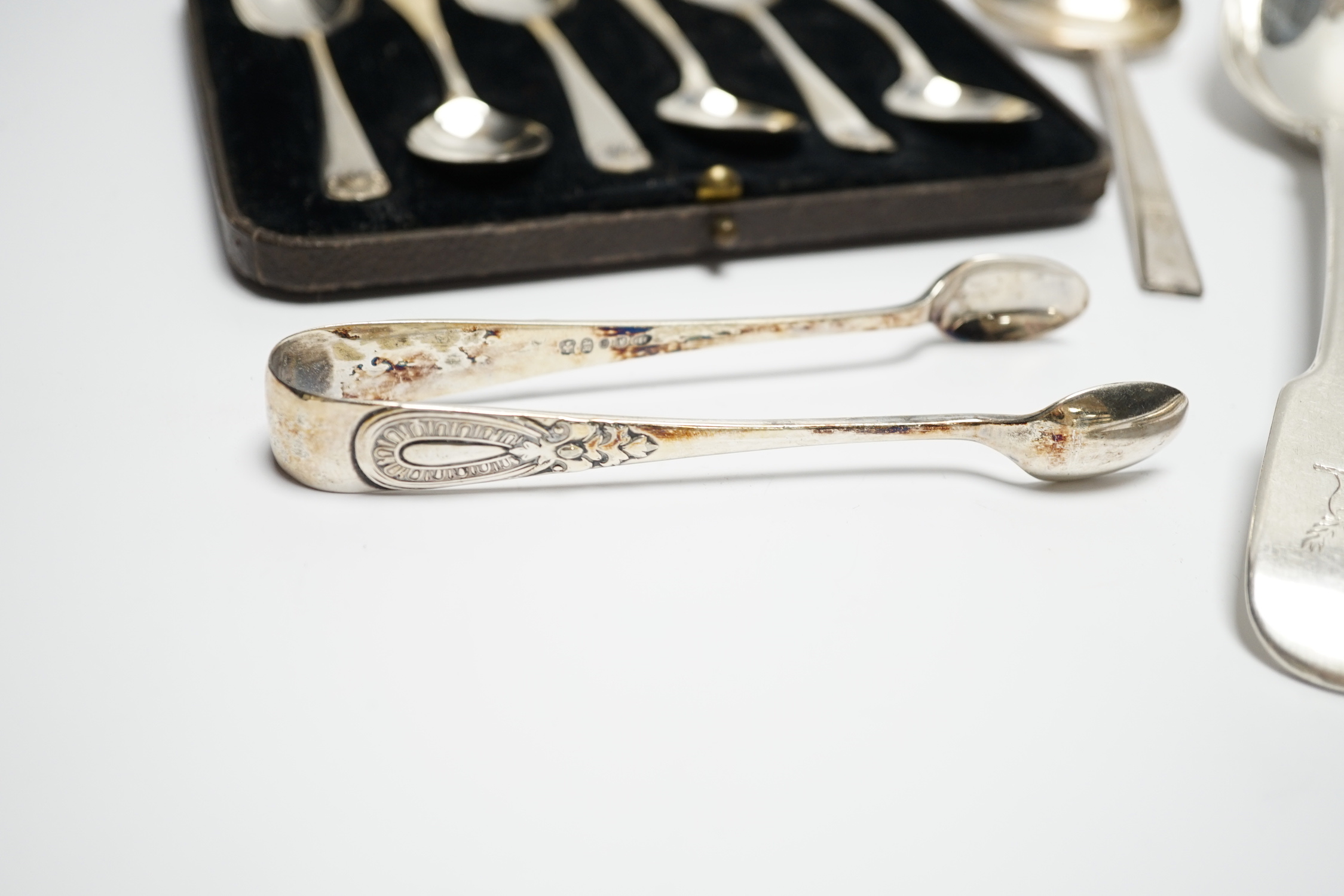 A group of assorted 19th century and late silver flatware, various patterns, dates and makers, including a set of six Hanovarian pattern dessert forks by George Adams, London, 1852(worn) and a cased set of six coffee spo